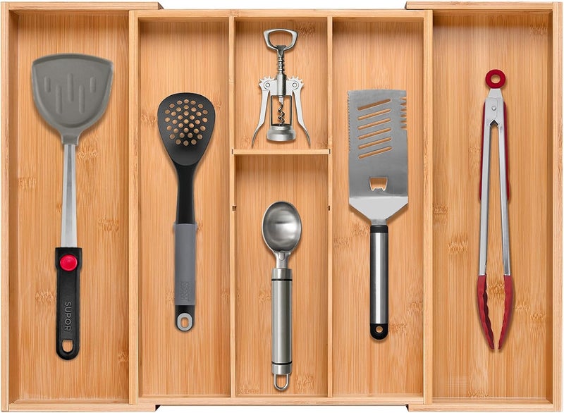 guiogc Bamboo Silverware Organizer, Expandable Kitchen Drawer Organizer and Utensil Organizer, Cutlery Tray with Drawer Dividers for Kitchen Utensils and Flatware, Bedroom, Living Room (Natural) - Image 1